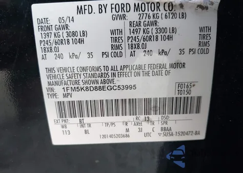 2014 Ford Explorer Xlt from USA, damaged, VIN 1FM5K8D88EGC53995
